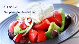  Presentation with feta cheese - Slide set with mediterrenean sea - right greek salad with one background and a light blue colored foreground