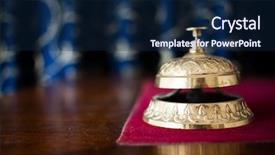  Presentation with hospitality hotel reception female receptionist - PPT theme consisting of ring bell on reception desk background and a navy blue colored foreground