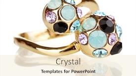  Presentation with crystals - Slide set consisting of ring with black lilac blue and clear crystals isolated on white background and a lemonade colored foreground