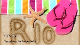  Presentation with brazil - Theme consisting of rio beach concept overhead view ot the word rio written on golden sand with a starfish pink flip flops and towel conceptual of a summer vacation and travel in rio de janiero brazil background and a coral colored foreground