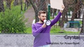  Presentation with riot - Amazing slide deck having riot - protesting young man holding piece backdrop and a light blue colored foreground