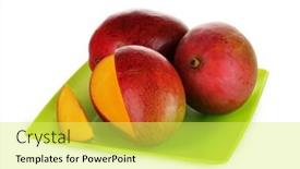  Presentation with mango - Audience pleasing slides consisting of ripe appetizing mango on green plate isolated on white backdrop and a yellow colored foreground