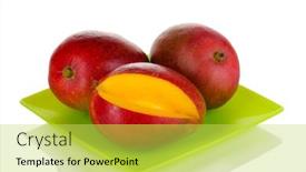  Presentation with mango - Amazing presentation design having ripe appetizing mango on green plate isolated on white backdrop and a yellow colored foreground