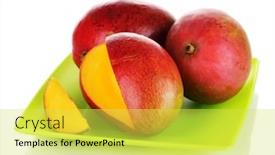  Presentation with mango - Slides featuring ripe appetizing mango on green plate isolated on white background and a yellow colored foreground