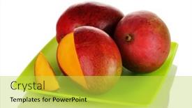  Presentation with mango - Slide set consisting of ripe appetizing mango on green plate isolated on white background and a yellow colored foreground