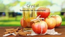  Presentation with cinnamon - Cool new slide deck with ripe apples with with cinnamon sticks and glass of apple drink on wooden table on bright background backdrop and a blonde colored foreground