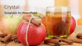  Presentation with cinnamon - Theme with ripe apples with with cinnamon sticks and glass of apple drink on wooden table on bright background background and a lemonade colored foreground