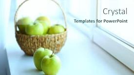  Presentation with green apples - PPT theme consisting of ripe green apples in basket on a windowsill background and a cool aqua colored foreground
