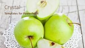  Presentation with green apples - Presentation design having ripe green apples on wooden background background and a sky blue colored foreground
