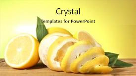  Presentation with lemons - Presentation theme featuring ripe lemons with leaves on wooden table on green background background and a blonde colored foreground