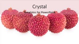  Presentation with juice - Theme featuring ripe lychee isolated on white background and a coral colored foreground