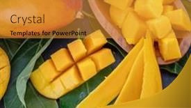  Presentation with mango leaves - Presentation theme consisting of ripe-mango-fruits-with-slices and a  colored foreground