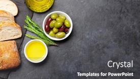  Presentation with olive oil - Amazing slide deck having ripe-olives-olive-oil backdrop and a dark gray colored foreground