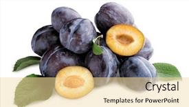  Presentation with ripe golden potato on white - Colorful slide set enhanced with ripe plums on white background backdrop and a  colored foreground