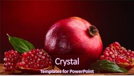  Presentation with pomegranate fruit - Beautiful presentation theme featuring ripe pomegranate fruit with leaves on wooden table on red background backdrop and a wine colored foreground