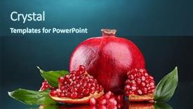  Presentation with pomegranate fruit - Presentation theme enhanced with ripe pomegranate fruit with leaves on blue background background and a ocean colored foreground