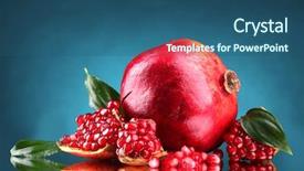  Presentation with pomegranate fruit - Audience pleasing presentation consisting of ripe pomegranate fruit with leaves on blue background backdrop and a ocean colored foreground