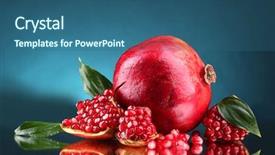  Presentation with pomegranate fruit - Presentation consisting of ripe pomegranate fruit with leaves background and a ocean colored foreground
