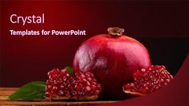  Presentation with pomegranate fruit - Slide deck with ripe pomegranate fruit with leaves on wooden table on red background background and a wine colored foreground