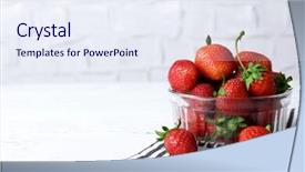  Presentation with table napkin - Cool new slide set with ripe strawberries in glass saucer on napkin on wooden table on white wall background backdrop and a sky blue colored foreground