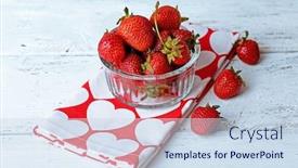  Presentation with table napkin - PPT theme enhanced with ripe strawberries in glass saucer on napkin on wooden table closeup background and a sky blue colored foreground