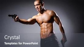  Presentation with gun - PPT layouts with ripped man with gun against grey background background and a gray colored foreground