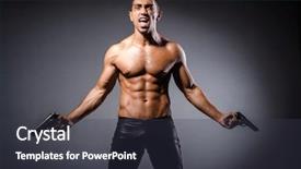  Presentation with gun - PPT theme consisting of ripped man with gun against grey background background and a tawny brown colored foreground