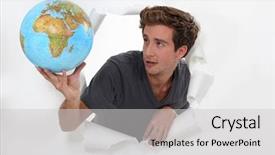  Presentation with cutout paper people standing around globe holding hands - Cool new PPT theme with ripped wall in paper holding backdrop and a  colored foreground