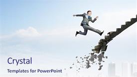  Presentation with walking - Cool new PPT theme with rise challenge - young businessman walking up collapsing backdrop and a sky blue colored foreground