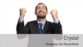  Presentation with employee - Theme featuring rise victory - very happy employee portrait white background and a  colored foreground