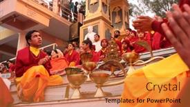  Presentation with india ganges - Colorful PPT theme enhanced with rishikesh-india-january-19-hindu backdrop and a gold colored foreground