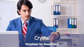  Presentation with busy - Cool new theme with rising costs - busy businessman explaining business charts backdrop and a ocean colored foreground