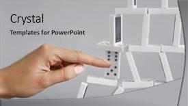  Presentation with woman covering man mouth hand - Audience pleasing slide deck consisting of risk block stack - woman hand breaking dominoes tower backdrop and a light gray colored foreground