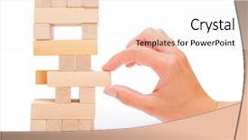  Presentation with man heart attact hand hold - Beautiful PPT theme featuring risk cube - tower from wooden blocks backdrop and a sky blue colored foreground