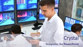  Presentation with trader - Amazing PPT layouts having risk data - male stock trader working backdrop and a sky blue colored foreground