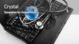  Presentation with computer keyboard and mouse - PPT theme featuring risk heat map - glass globe and stethoscope background and a dark gray colored foreground