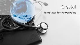  Presentation with computer keyboard and mouse - Slide set with risk heat map - glass globe and stethoscope background and a white colored foreground