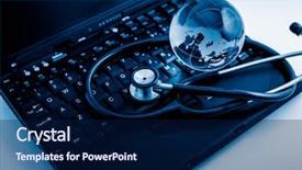  Presentation with 3d character blue globe - Cool new slide deck with risk heat map - glass globe and stethoscope backdrop and a navy blue colored foreground