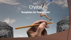  Presentation with gap - Presentation design featuring overcoming obstacles - young businesswoman jumping over gap background and a gray colored foreground