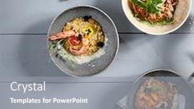  Presentation with pasta restaurant - Amazing PPT theme having risotto-and-noodles-in-ceramic backdrop and a gray colored foreground