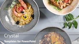  Presentation with pasta restaurant - PPT theme enhanced with risotto-and-noodles-in-ceramic background and a gray colored foreground