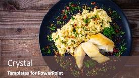  Presentation with wooden - Presentation theme with risotto-with-fried-cod-loin background and a violet colored foreground