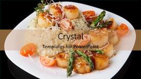  Presentation with black sea - Slide deck consisting of risotto with pan seared sea scallops cheese and vegetables isolated on black background background and a yellow colored foreground