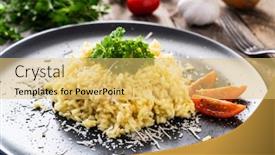  Presentation with wooden - Amazing PPT layouts having risotto-with-parmesan-on-wooden backdrop and a yellow colored foreground