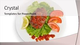  Presentation with meatball - Presentation theme featuring rissole cutlet meatball at plate isolated with work path background and a light gray colored foreground