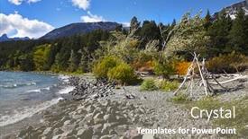 Presentation with american indian - Slides consisting of ritual american indian construction from white branches on coast of cold mountain lake background and a gray colored foreground
