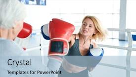  Presentation with older woman - Audience pleasing theme consisting of rivals - blonde aggressive woman in activewear backdrop and a light blue colored foreground