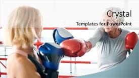  Presentation with pink boxing gloves - Slides having rivals - senior female in activewear background and a sky blue colored foreground