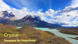  Presentation with summer sun - Slides having river and the snow-capped mountains illuminated by the sun beautiful summer morning in patagonia background and a tawny brown colored foreground