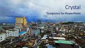  Presentation with macau - Amazing PPT layouts having river delta - macau downtown city at day backdrop and a sky blue colored foreground
